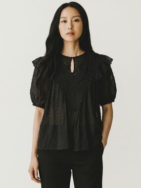 THE GREAT. Black Lace Yoke Swiss Dot Puff Sleeve Top